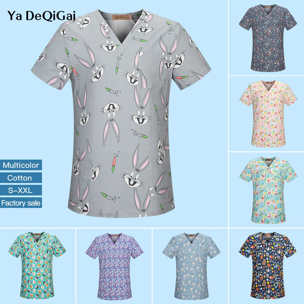 

Short-sleeved scrubs women Uniforms Beauty Salon Workwear printing Uniform cotton spa uniforms printing work Clothes tops summer