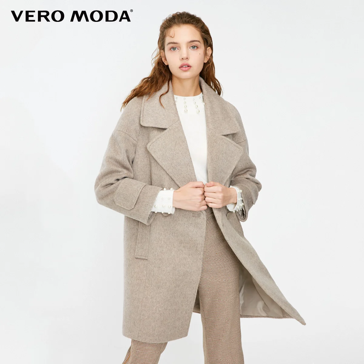 Vero Moda женское длинное шерстяное пальто с отворотом и открытыми плечами | 318327518 - Цвет: Mushroom cream mel.