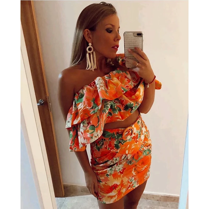 

Women Fashion Orange Za Mini Skirts 2019 Female Floral Print High Waist With Belt Chic Streetwear Skirt faldas mujer moda 2019