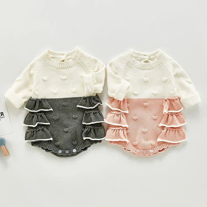 

New 2020 Newborn Girls Jumpsuits Clothes Autumn Winter Baby Girls Sweet Lace Rompers Knitted Long Sleeve Children Rompers