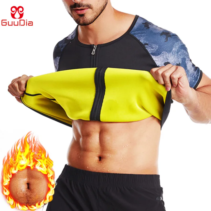 GUUDIA Sauna Suit for Men Hot Sweat Suit Neoprene Body Shaper Sauna Shirt Workout for Tummy Fat Burn Corset Training Tops Zipper