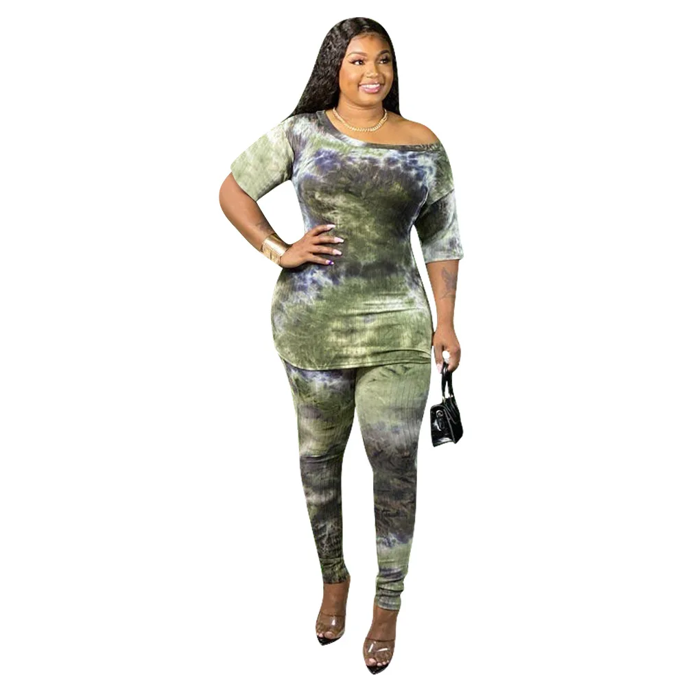 

HAOOHU Tie Dye Knitted Women Set Two Pieces Set Tracksuit Off Shoulder Tee Tops Jogger Sweatpant Suit Outfit Matching Set