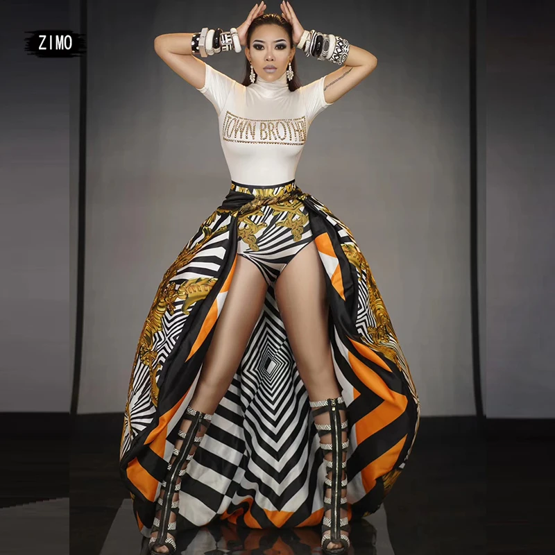 

Sexy 2 Pieces Set Shawl Bodysuit Women Singer Dj Dance Costume Bar Nightclub Print Rave Outfit Prom Performance Stage Clothes