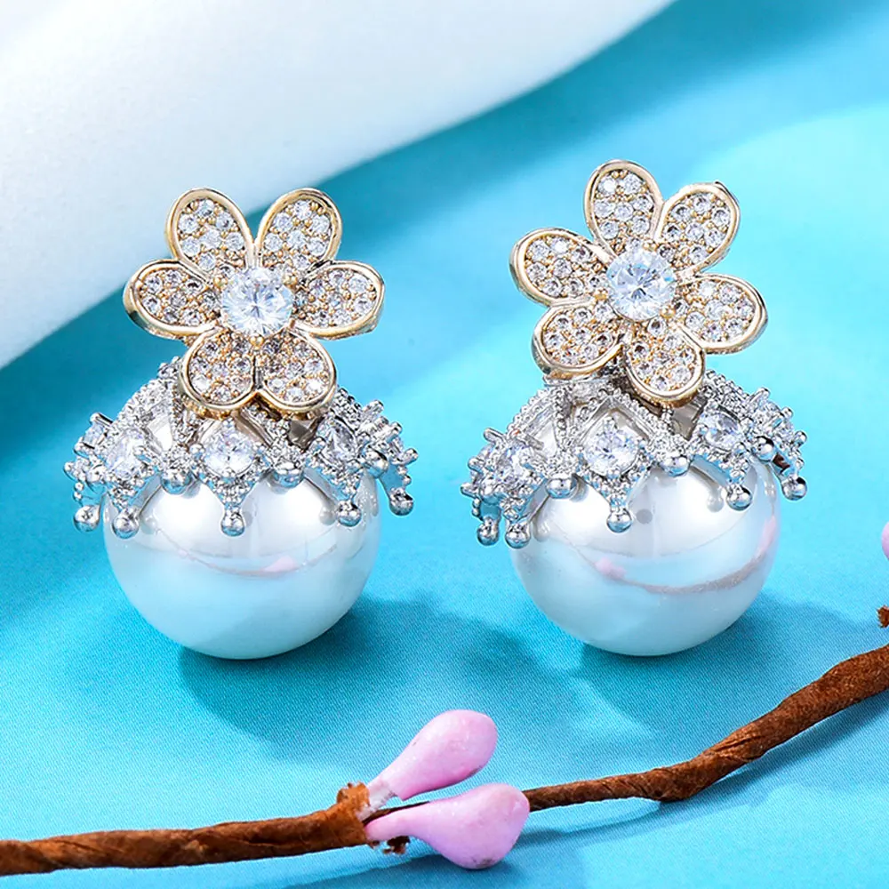 

GODKI NEW Trendy Luxury Pearl Flowers Cluster Stud Earrings For Women Wedding Cubic Zircon Crystal African Dubai Bridal Earring