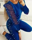 Комплект из двух предметов для женщин, Топ с длинным рукавом и штаны из прозрачной сетки с бисером