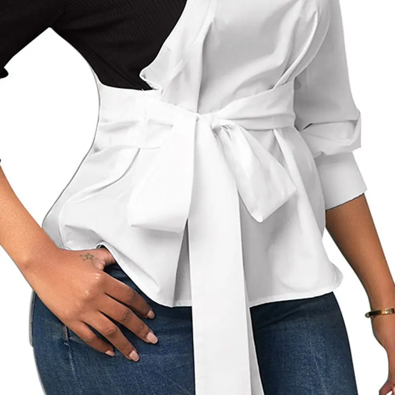 Офисная блузка рубашка Женская Лоскутная Асимметричная черная белая цветная