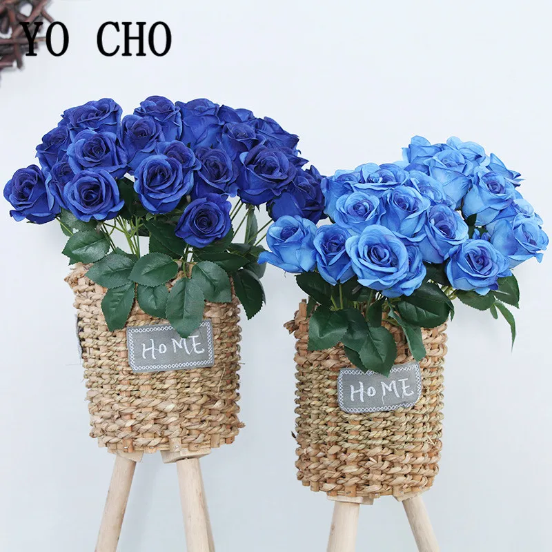 12 Heads/Bunch Silk Roses Bride Bouquet Royal Blue Fake Rose Flowers Bouquet for Home Wedding Arch Table Decor Artificial Flower