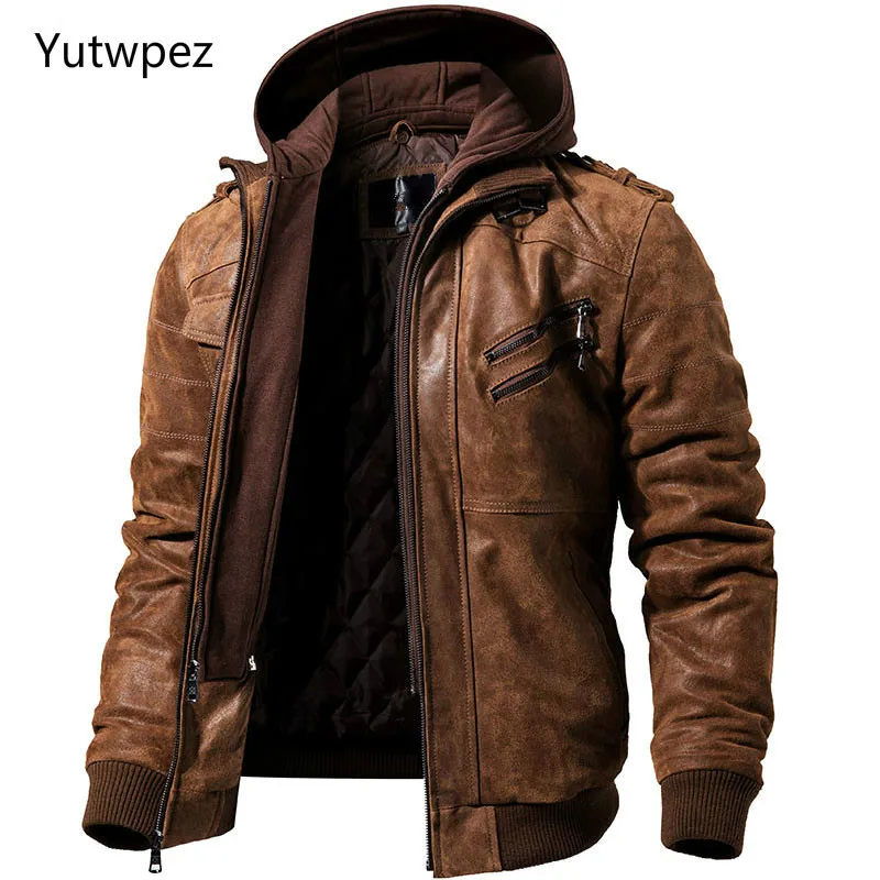 Мужская кожаная куртка Yutwpez 2020 зимняя со съемным капюшоном в байкерском стиле