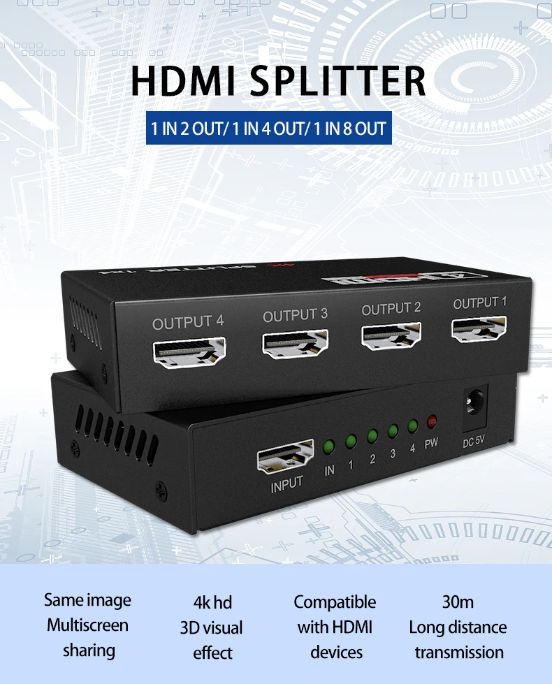 HDMI сплиттер HDCP 4K 1x2 1 в 2 out усилитель сигнала мощности 1080P 3D 1x4 аудио сплиттер HDMI конвертер 1x8 HDMI адаптер