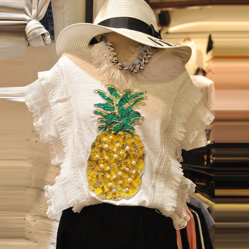 Женская футболка с блестками и рисунком ананаса из бамбукового хлопка коротким