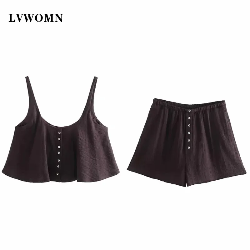 

LVWOMN Za Women 2 Piece Set Sexy Sleeveless Texture Top Blouse Women + Elastic Waist High-Waisted Shorts Top Women Clothes Set