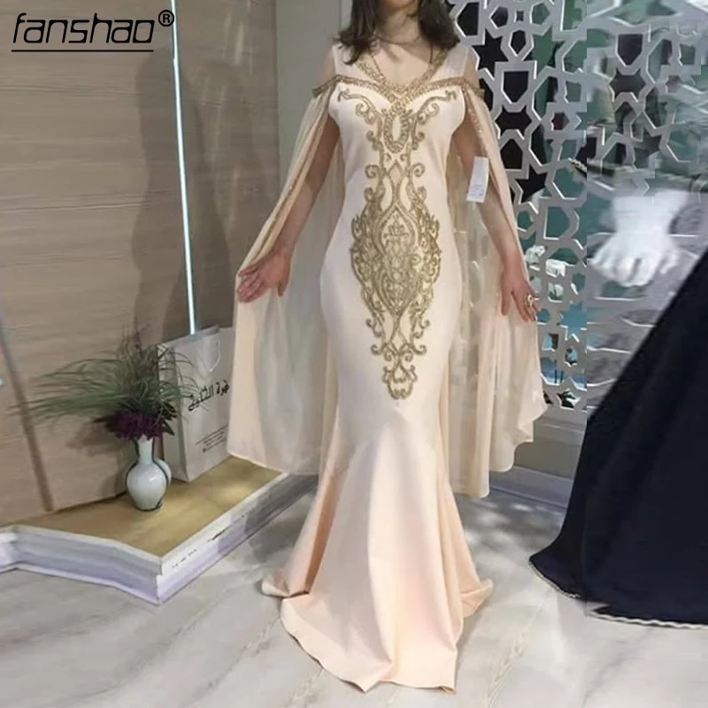 

Ivory Muslim Evening Dresses Satin Moroccan Kaftan Gold Appliques Jacket Saudi Arabic Special Occasion Party Dress Plus Size