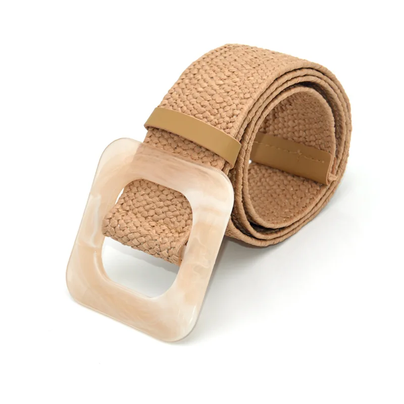 

Women Dress Belt, Fashion Straw Woven Stretch Waist Band Wood Buckle Belt