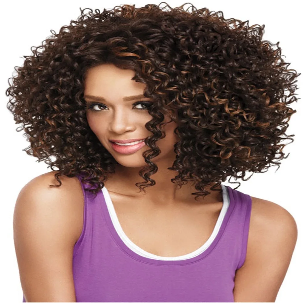

CHARMING 16 inches Afro Kinky Curly Wig Synthetic Short Wig With Bangs Mixed Brown and Blonde Wig for Black Women