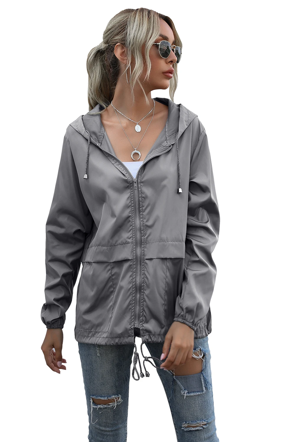 

2021 new ladies fashion casual hooded zipper windbreaker jacket lightweight outdoor sports hiking waterproof jacket jacket S-2XL