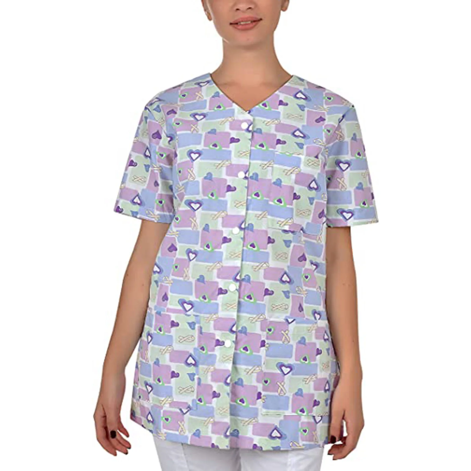 

Women Short Sleeve V-Neck Tops Working Uniform Cartoon Print Blouse Casual Short Sleeve Button Shirts camisas mujer 2021 A60