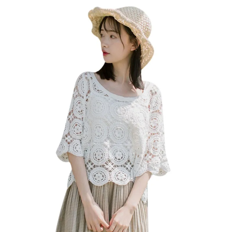 

New Arrival Fashion Summer Women Version Of Cotton Hollow Lace Flower Shirt Female Sunscreen Shirt