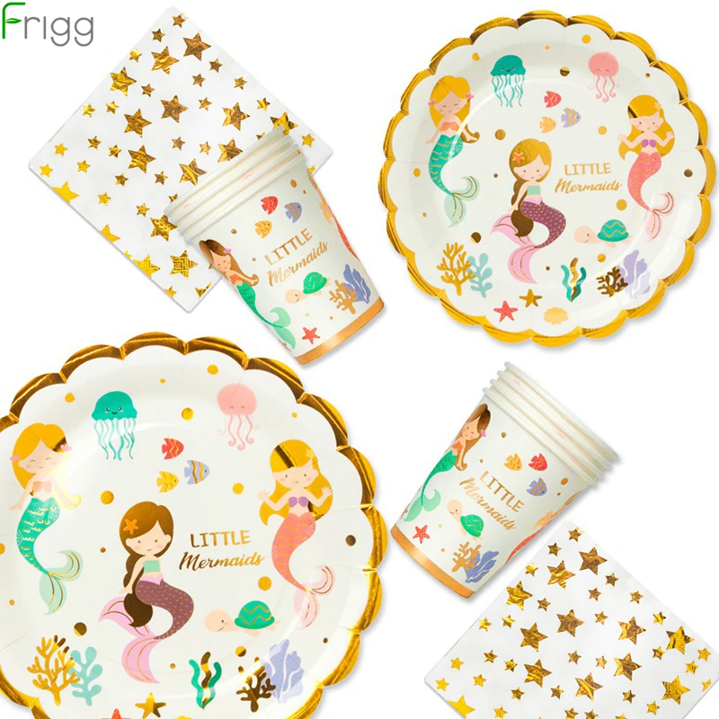 Золотые Foli Русалочка одноразовая посуда бумажная салфетка под тарелку кружку
