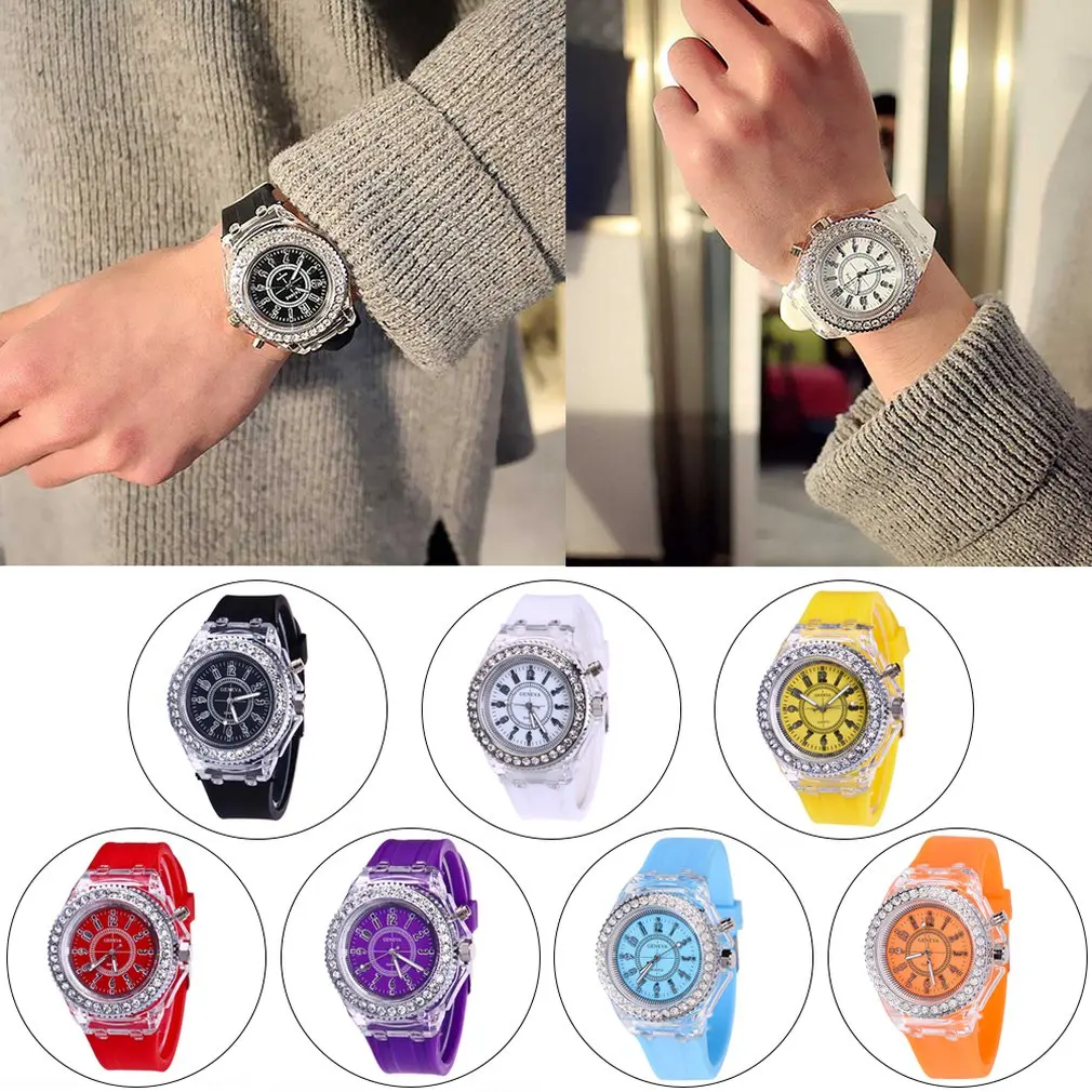 

8 Types Colorful Rhinestone LED Sport Watches Luminous Glowing Women Quartz Watch Ladies Silicone Wristwatches