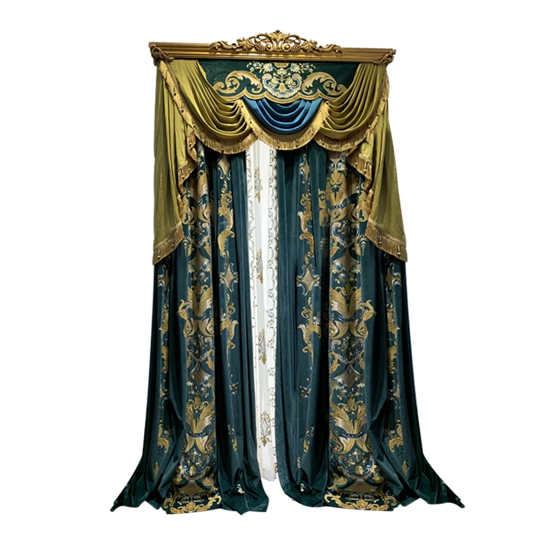 

Custom curtains High-class American room embroidered dark green thick velvet cloth blackout curtain tulle valance drape B697