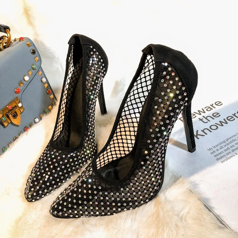 

Fashion Glitter Colorful Rhinestones Women Pumps Sexy Hollow Out Breathable Mesh Thin Heeled Party Wedding Bride Shoeswi88