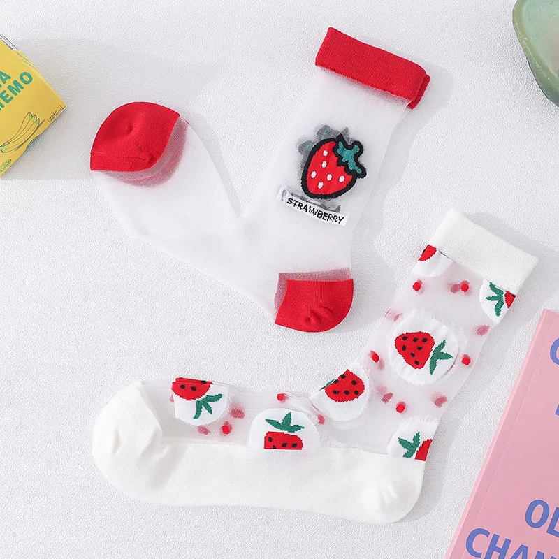 

Thin Breathable Sokken Glass Stockings Floral Strawberry Shaped Tube Thin Socks Sexy Lace Women Mid Tube Glass Silk Women Socks