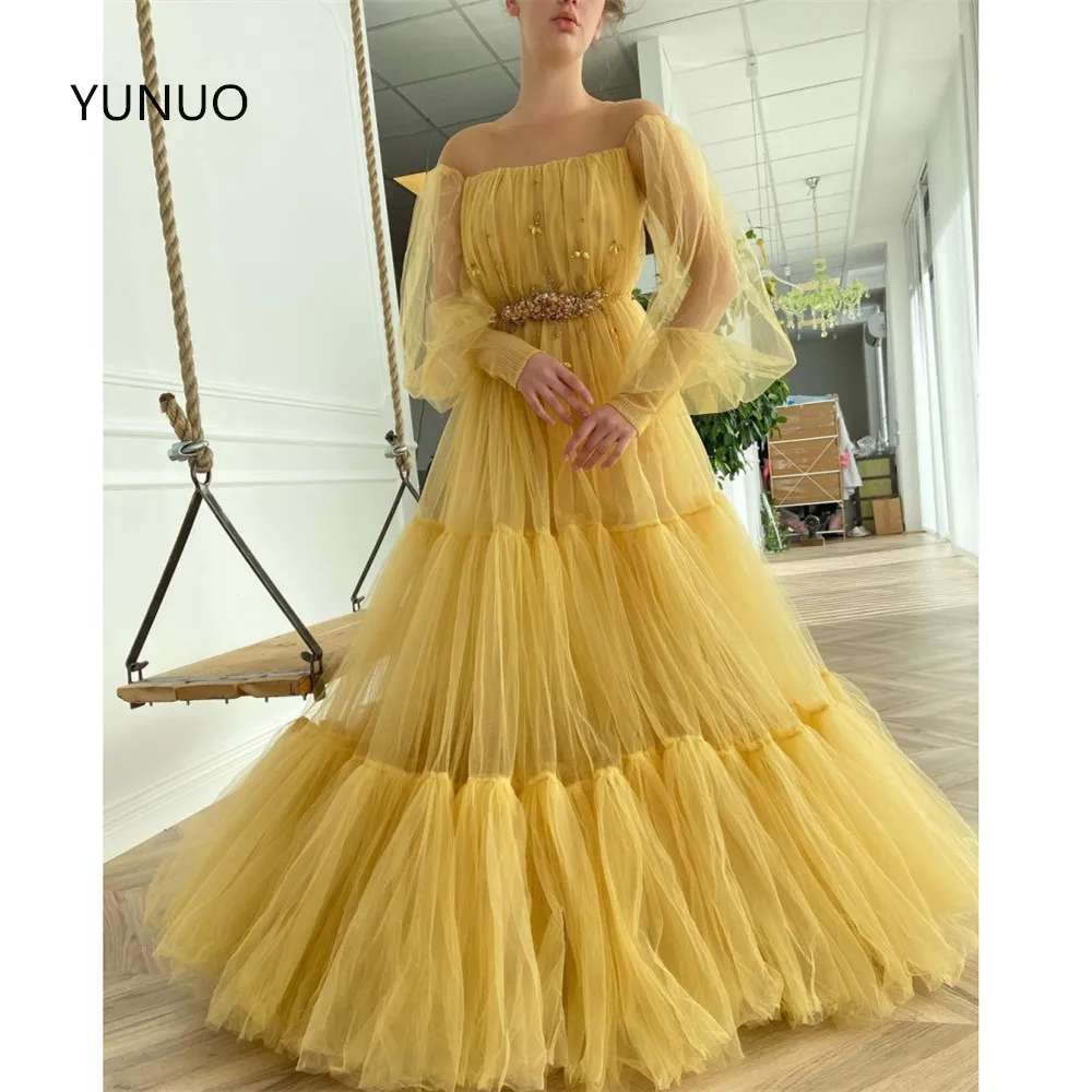 

YUNUO Maxi Tulle Evening Dresses Long Illusion O-neck Lantern Sleeve Crystals Prom Gowns вечерние платья Formal Party Dress