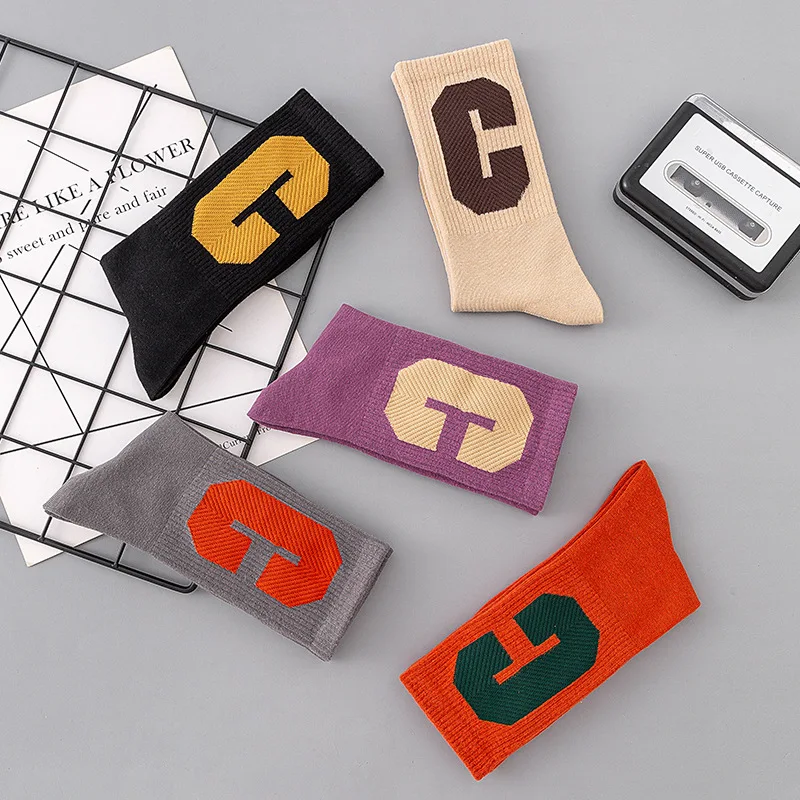 5 Pairs of Autumn Winter Socks Fashion Brand Big C-shaped Tube Personality Hit Color Letters Sports Leisure Cotton Tide Socks