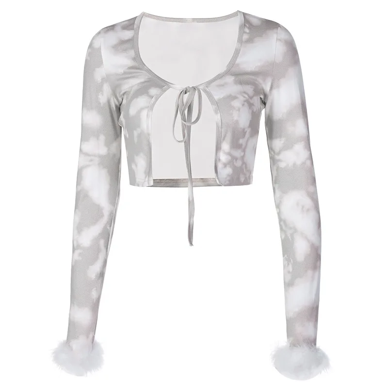 

Long Sleeve Plush Cuffes Tees Spring 2021 New Print Women's Bandage Cardigan Fashion Casual T-shirts Women Popular