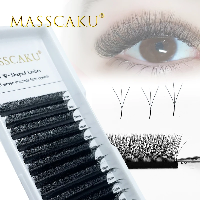 

MASSCAKU 3D clover premade volume fans eyelash extension W shape c/d curl automatic flowering soft matte individual mink lashes