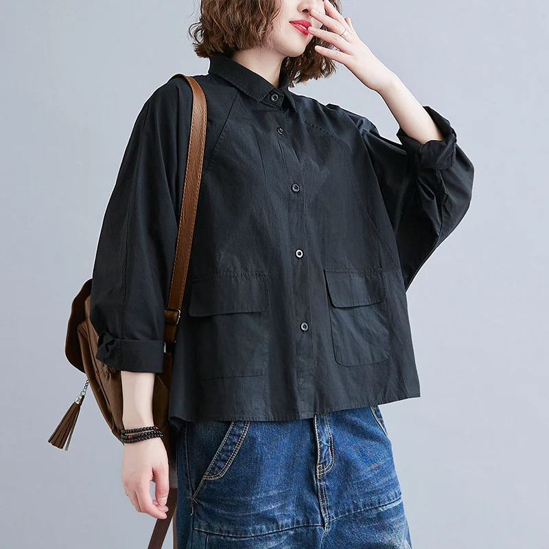 

Spring Autumn Women Plus Size Bat Long Sleeve Solid Color Vintage Shirt Coat Female Loose Solid Color Double Pocket Women Tops