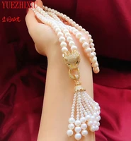 aaa natural 8 9mm white freshwater pearl necklace leopard head inlay zircon 5 6mm tassel sweater chain jewelry