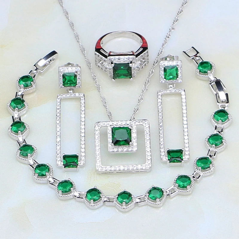 

925 Sterling Silver Jewelry Green Cubic Zirconia White CZ Costume Jewelry Sets For Women Earrings/Pendant/Necklace/Bracelet/Ring