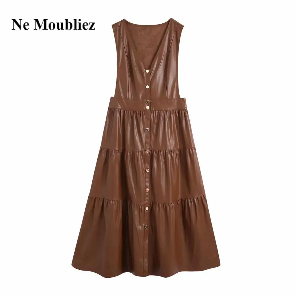 

ZXQJ Autumn Winter New Women PU Ruffled Pinafore Dress Sleeveless V-neck metal snap buttons Midi Long Dress for Women