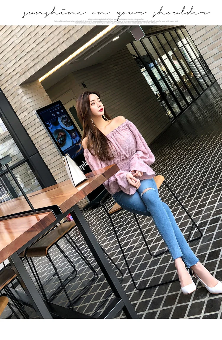 CINESSD Сексуальная Блузка с открытыми плечами женские топы Осень Зима корейский розовый длинный расклешенный рукав вязаная теплая одежда