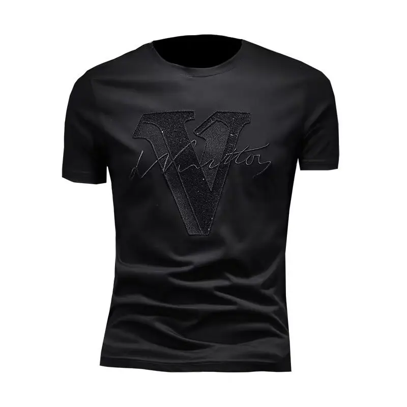 

Top Men T-shirt Net Red T-shirt Letter Embroidery Trend Slim Round Neck Men's Short Sleeve 2020 Summer Mercerized Cotton Collar