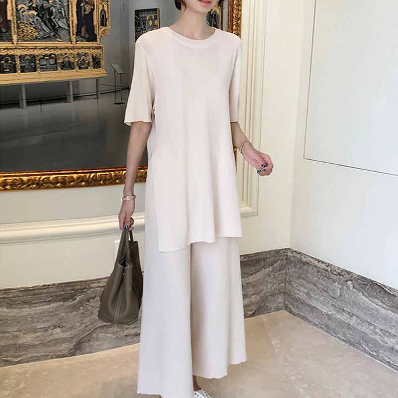 

Temperament Ice Silk Knitted Two Piece Set Women Long Pullovers Tops + Wide-leg Pants Suits Elegant Casual Womens Suit Tracksuit