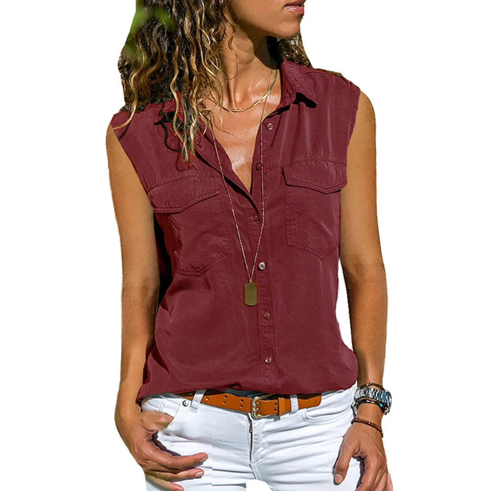

Autumn Sleeveless Solid V-Neck Office Blouse Female Work Women Button Up Shirt Plus Size 8XL Womens Cotton Tops Blouses