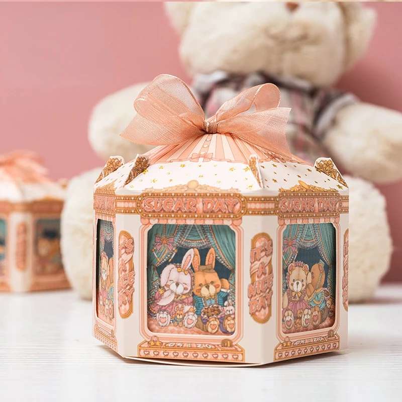 10/30/50pcs Carousel Wedding Candy Box Cute Bear Pattern Paper Packaging for Gifts Castle Box with Ribbon Paty Home Decorations images - 6