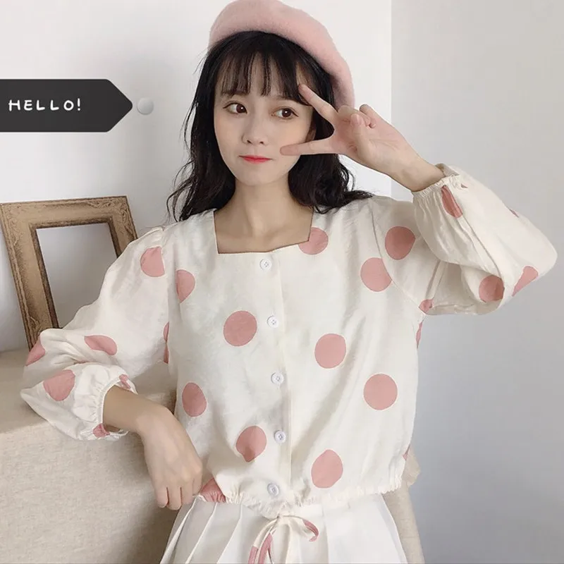 Женская рубашка модная длинный рукав винтажная в горошек блузка Корейская