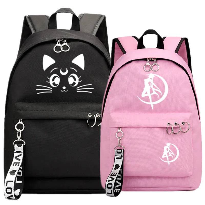 Сейлор Мун Кот розовый рюкзак школьный книги сумки Mochila Дорожная сумка для ноутбука кольцо с изображением ленты круг мальчик девочки рюкзак розовый черный
