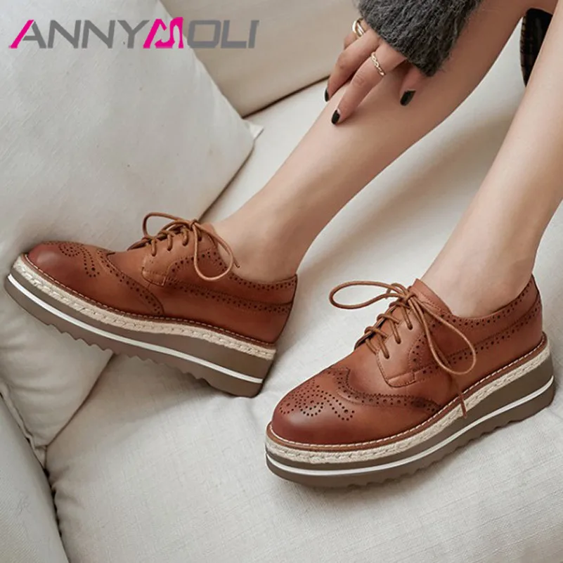 

ANNYMOLI Shoes Women Genuine Leather Platform High Heel Pumps Espadrille Wedge Heels Brogues Shoes Lace Up Rome Lady Footwear