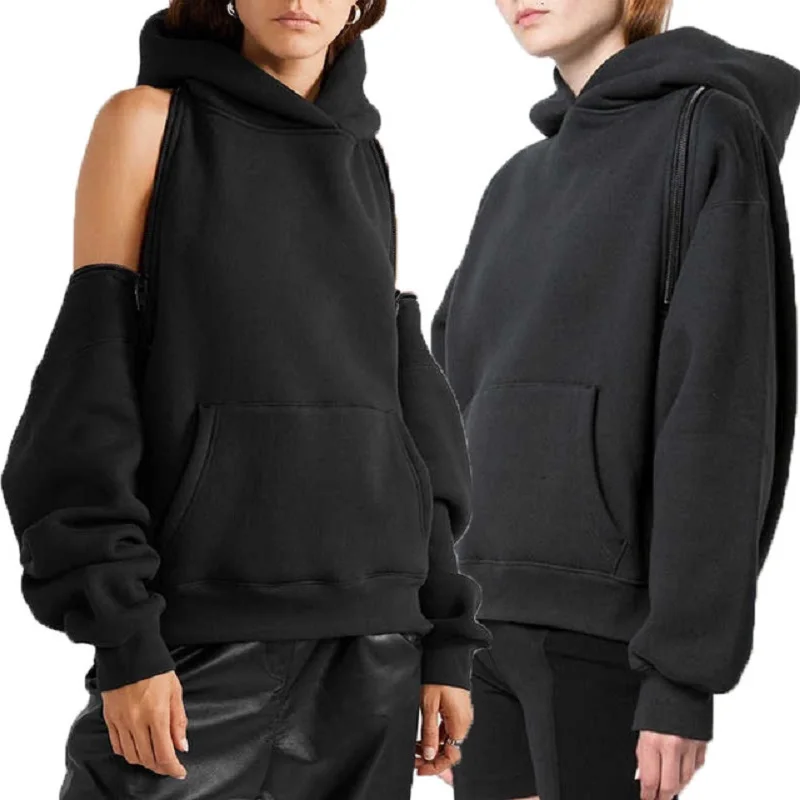 

2021 autumn winter women's hoodie coat pure black off shoulder cover with plush Hoodie women's sweater
