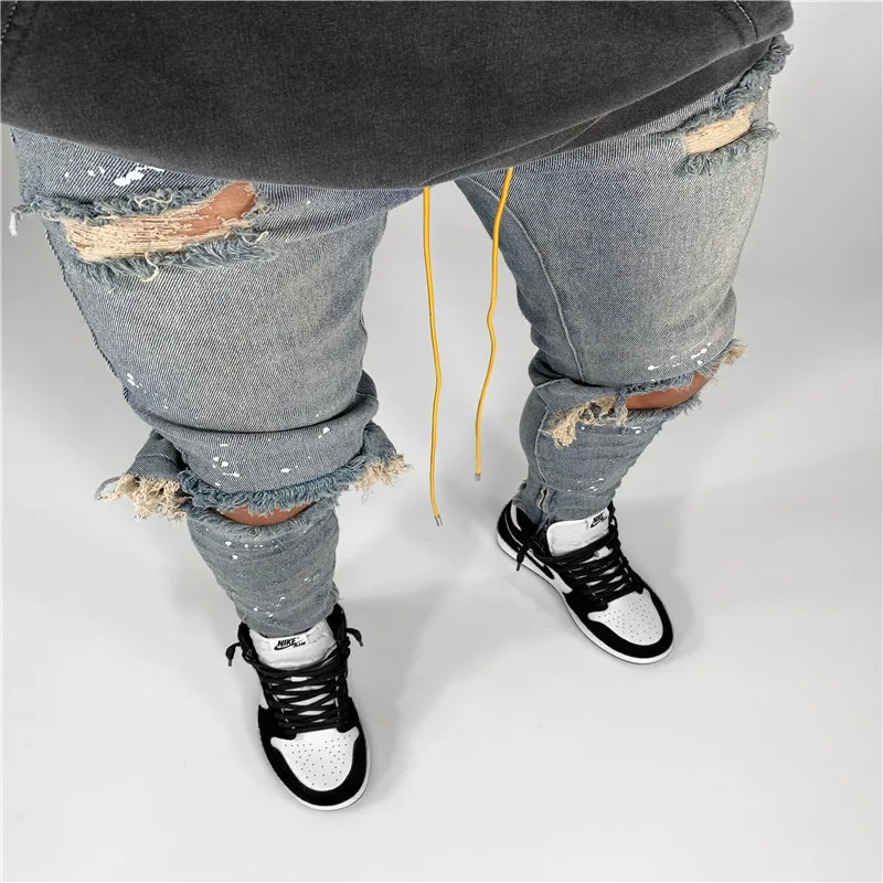 

Men's Casual Tear Knee-Patch Skinny Denim Pants Elastic Tie String Beggar Jeans Pants Streetwear Fashion Pencil Pants