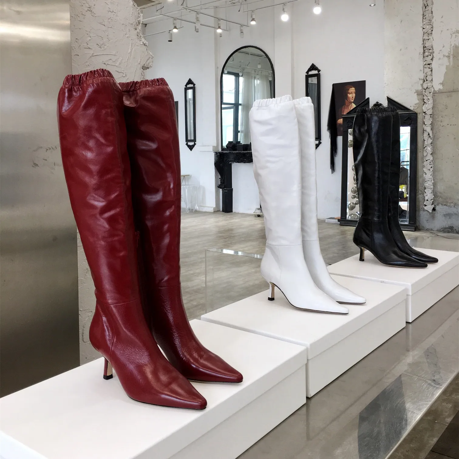 

Women Sexy Pointed Toe Low Heels Zipper Boots Ladies Solid Genuine Leather Over The Knee Boots Botas De Mujer Designer Shoes