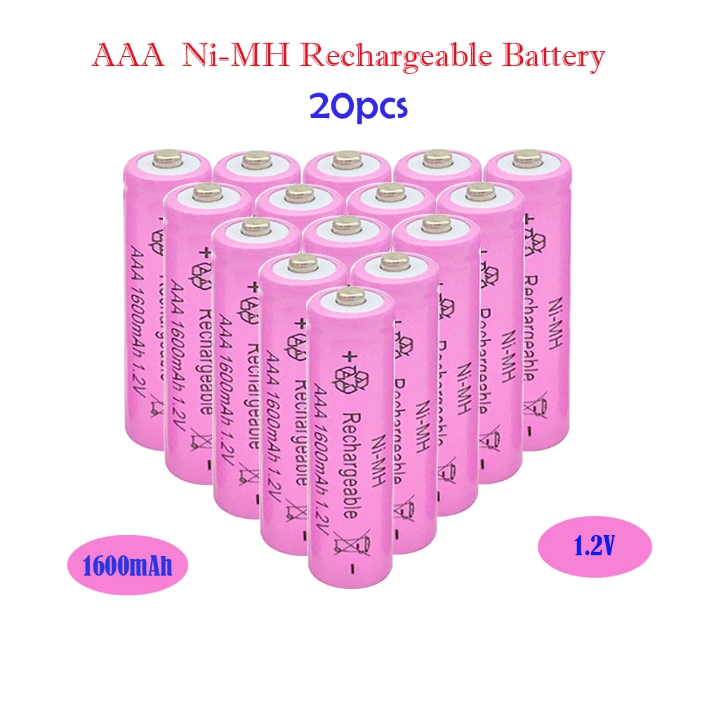 

AAA 20PCS 1600 mAh Rechargeable Battery Ni-MH Rechargeable Battery Pink High Quality Pre-charged Batteries for Camera Toys