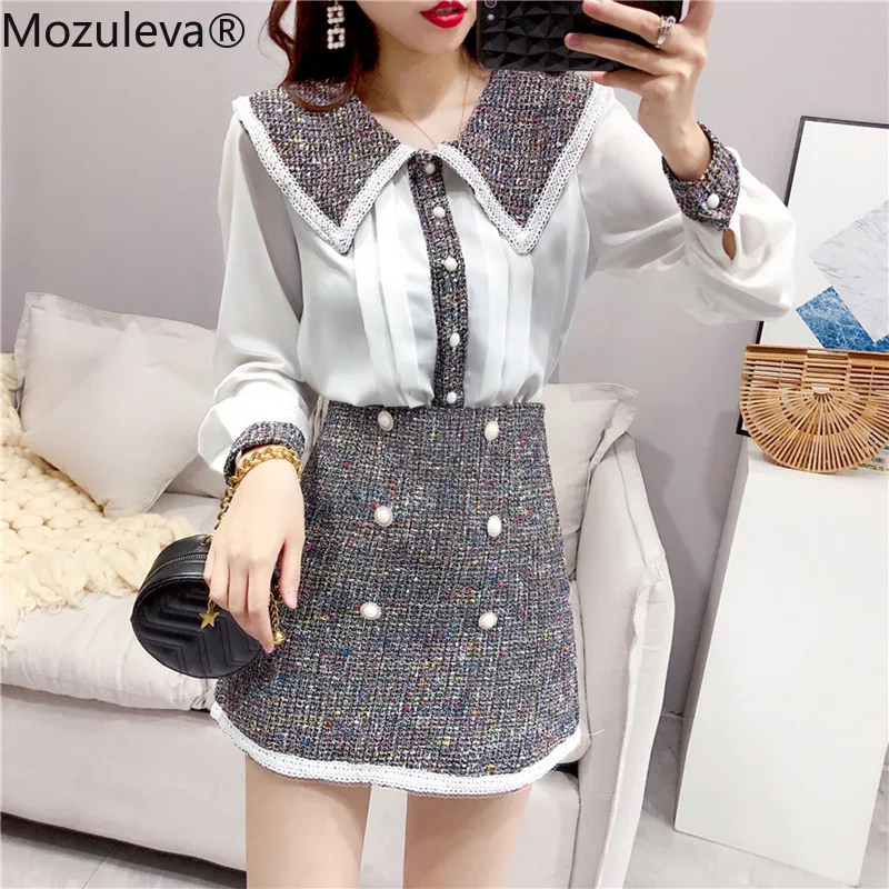 Mozuleva 2019 Осенний Женский комплект из 2 предметов твидовый лоскутный шифон