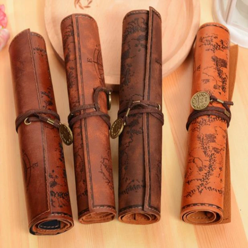 

1Pcs European Retro Treasure Map Leather Pencil Bag Pluggable Pencil Pens Storage Bag Sketch Colored Pencil Volume High Capacity