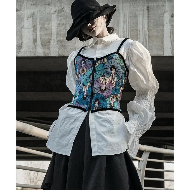 UMI MAO Spring Camisole Japanese Print Slim Retro Jacquard Short Outerwear Temperament Crop Top Women Y2k Clothes