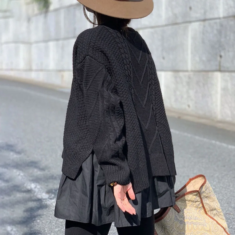 

Autumn Sweater Women Tops Black Twisted Fake 2 Pieces Knitted Long Sleeve Tops Korean Japan Female Pullover Jumper Cool Wear2021